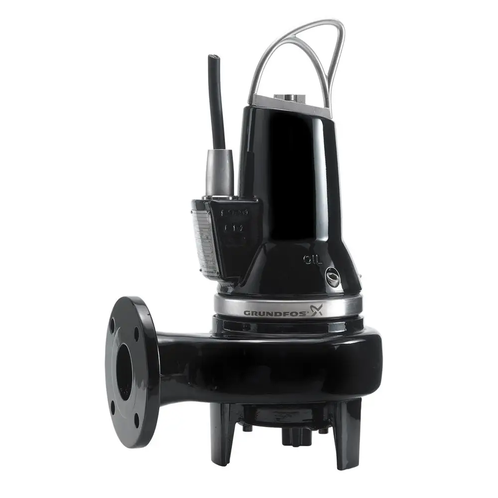 Tauchmotorpumpe von Grundfos in schwarzer Ausführung mit einem Ansaugflansch. Übersichtliche Anzeige und elektrische Anschlüsse an der Seite.